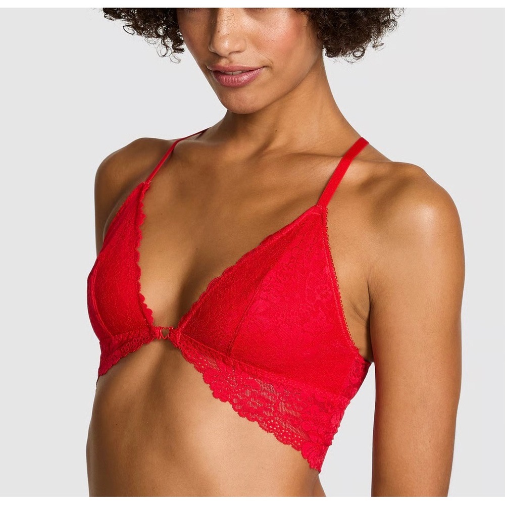 PINK Victorias Secret Red Lace Triangle Bralette Unlined Racerback‎ XL 11275508